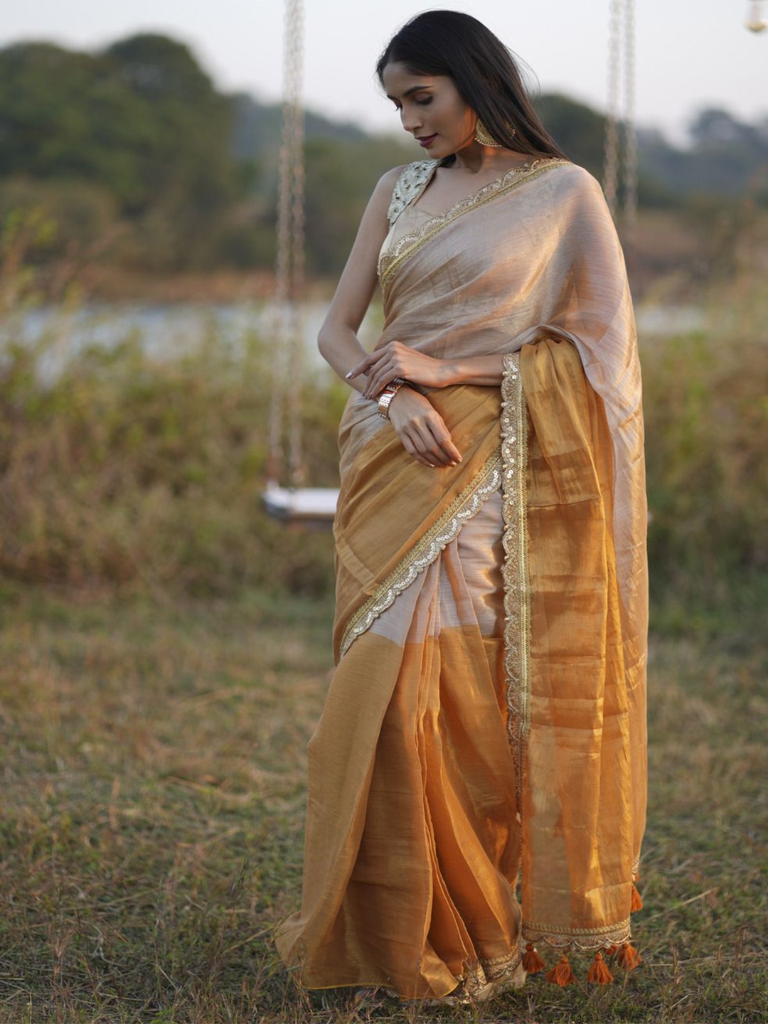 

arunima weaves Beads and Stones Tissue Banarasi Saree, Gold