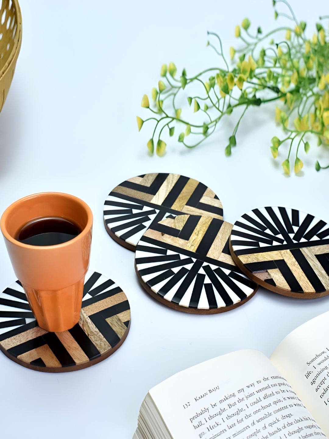 

Indianshelf Brown & Black 4 Pieces Striped Circular Wooden Dining Table Coasters