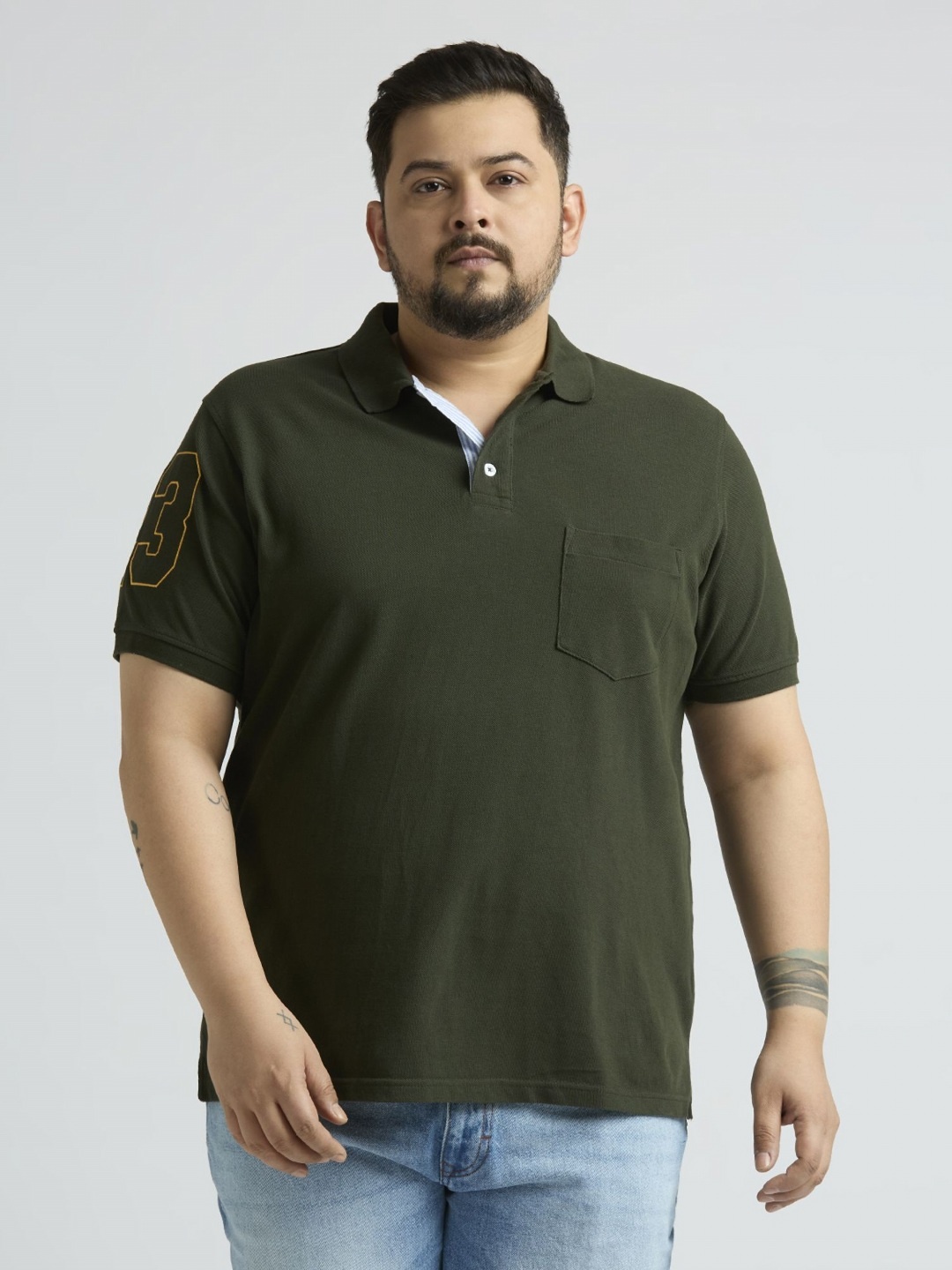 

Sizeupp Men Plus Size Solid Polo Collar Cotton T-shirt, Olive