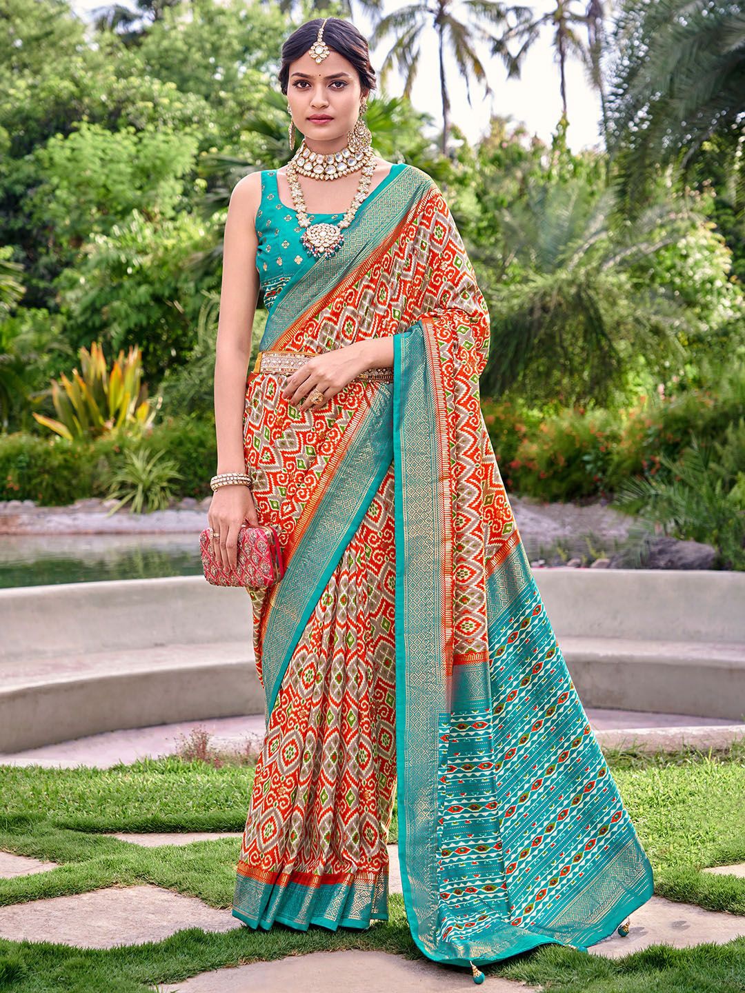 

Meena Bazaar Printed Zari Geometric Saree, Orange