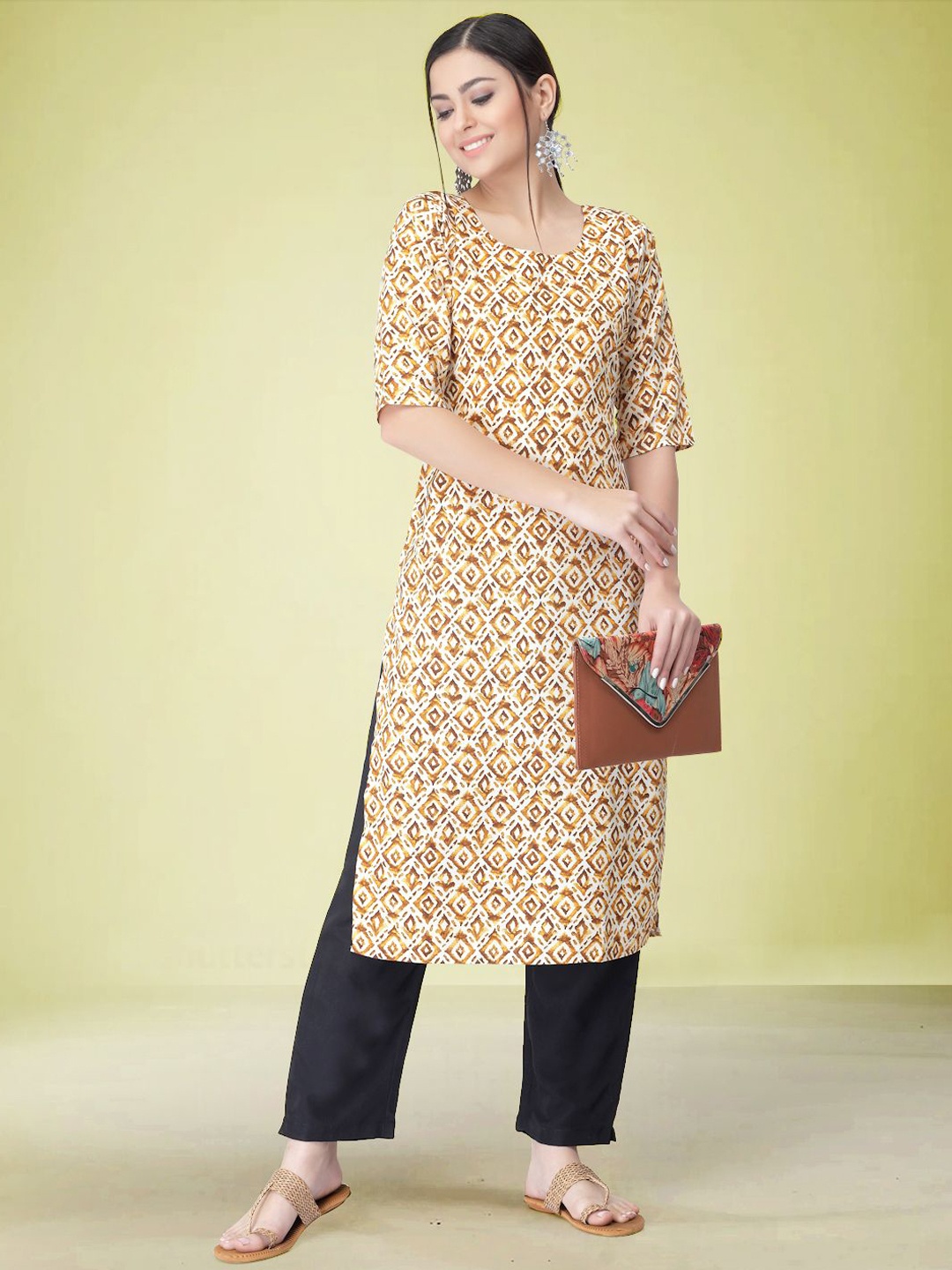 

Moda Rapido Geometric Printed Round Neck Straight Kurta with Trouser, Beige
