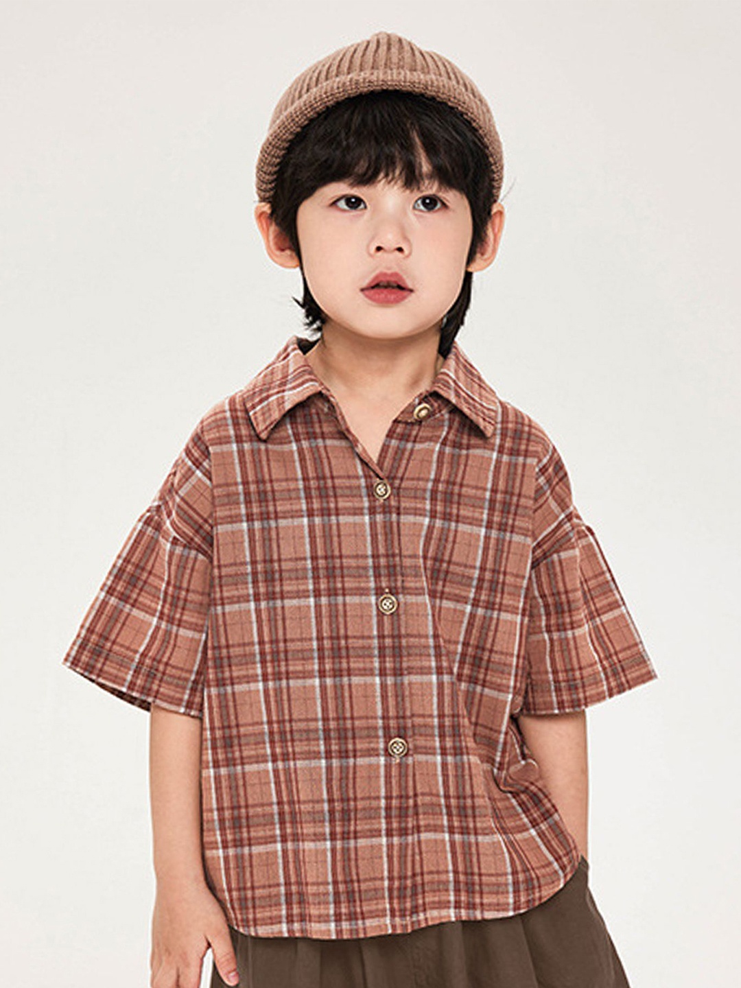 

LULU & SKY Boys Oversized Fit Spread Collar Tartan Checked Organic Cotton Casual Shirt, Peach