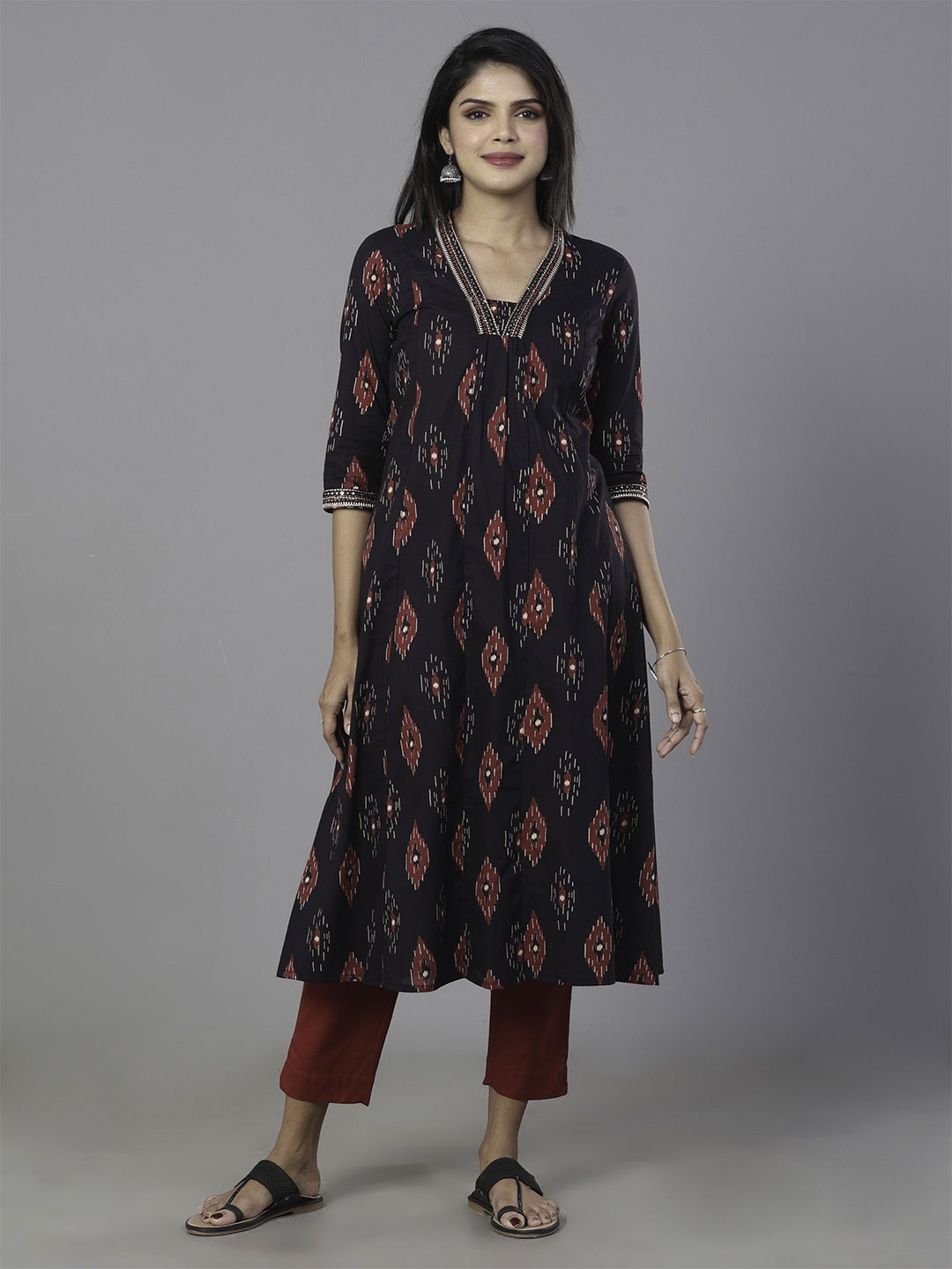 

Vismay Geometric Embroidered V-Neck Mirror Work Pure Cotton A-Line Kurta, Black