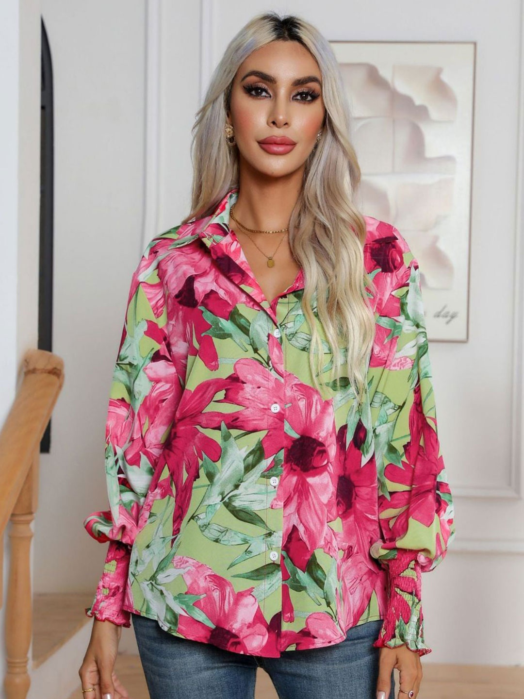 

Oh Rare Women Spread Collar Floral Printed Casual Shirt, Pink