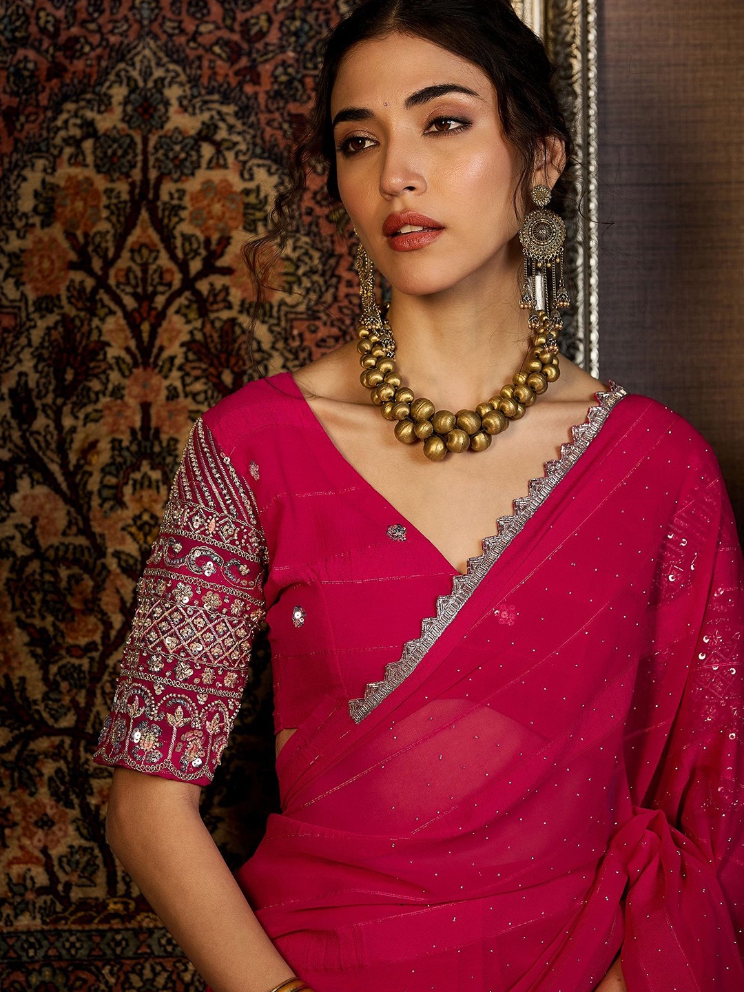 

Sangria Beads and Stones Saree with Blouse Piece, Pink