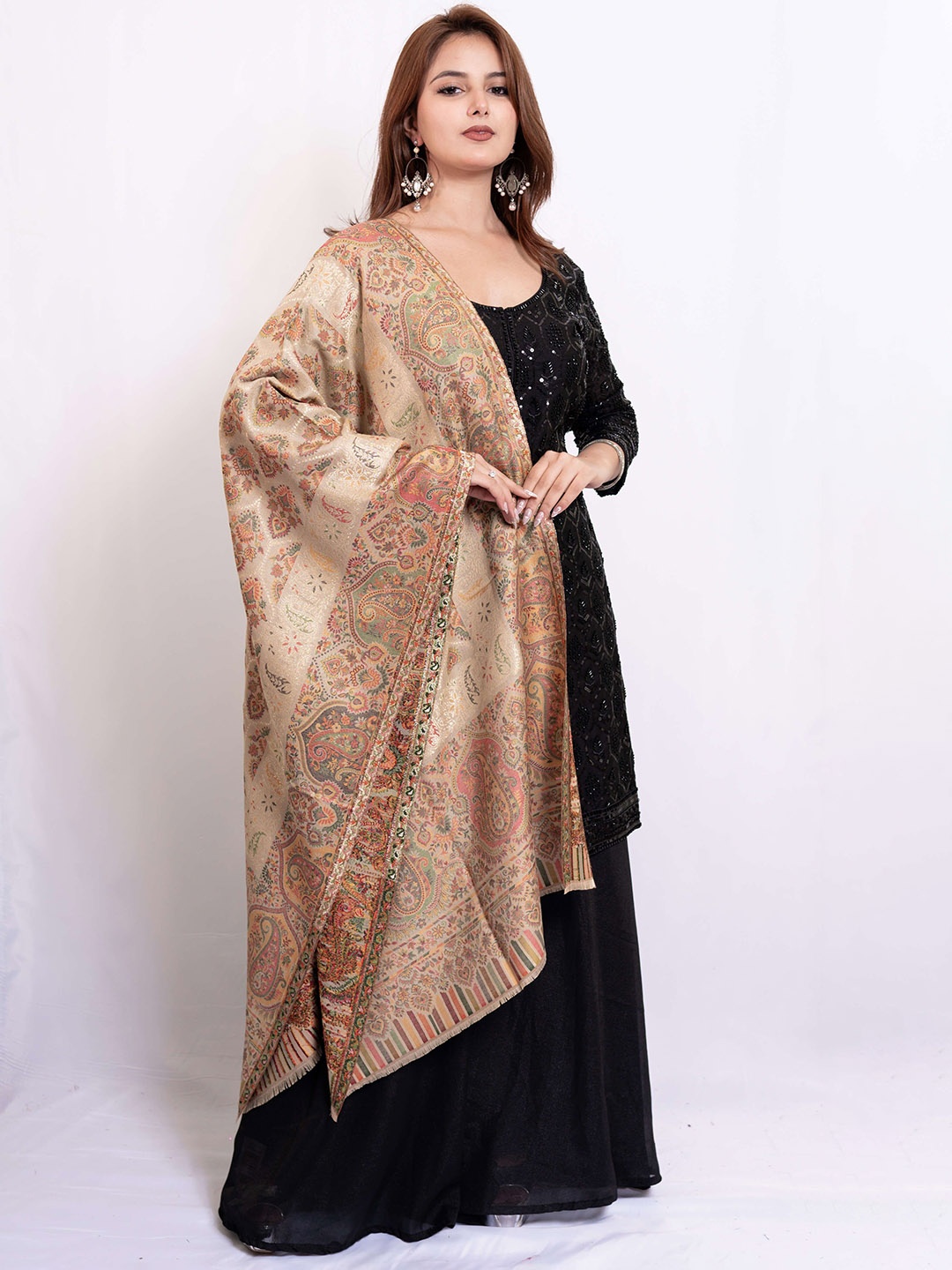 

PASHGIRI Ethnic Motifs Embroidered Silk Shawl, Gold