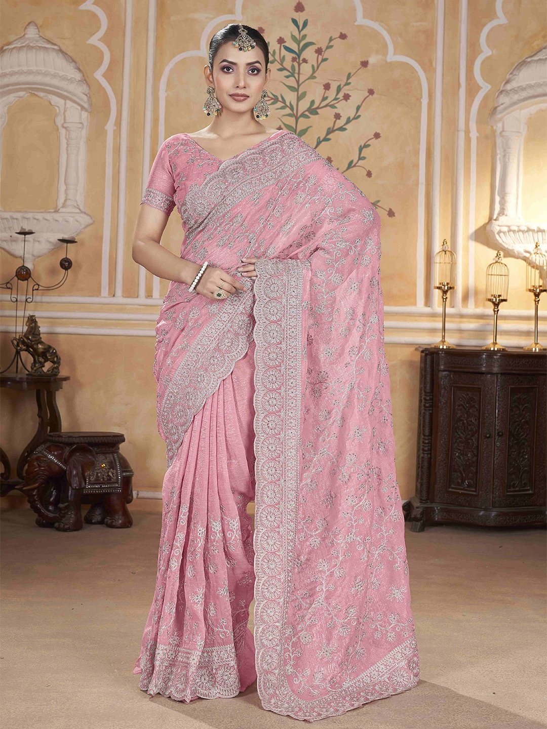 

Munir Floral Embroidered Beads and Stones Saree, Pink