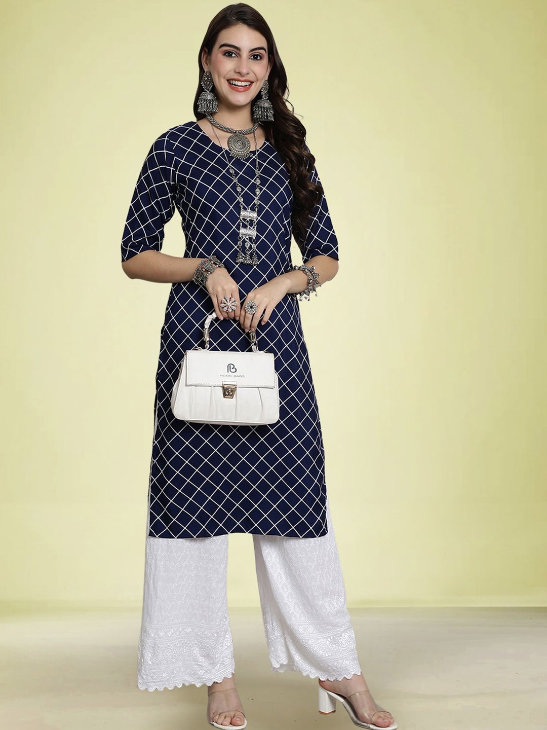 

Moda Rapido Checked Straight Kurta, Navy blue