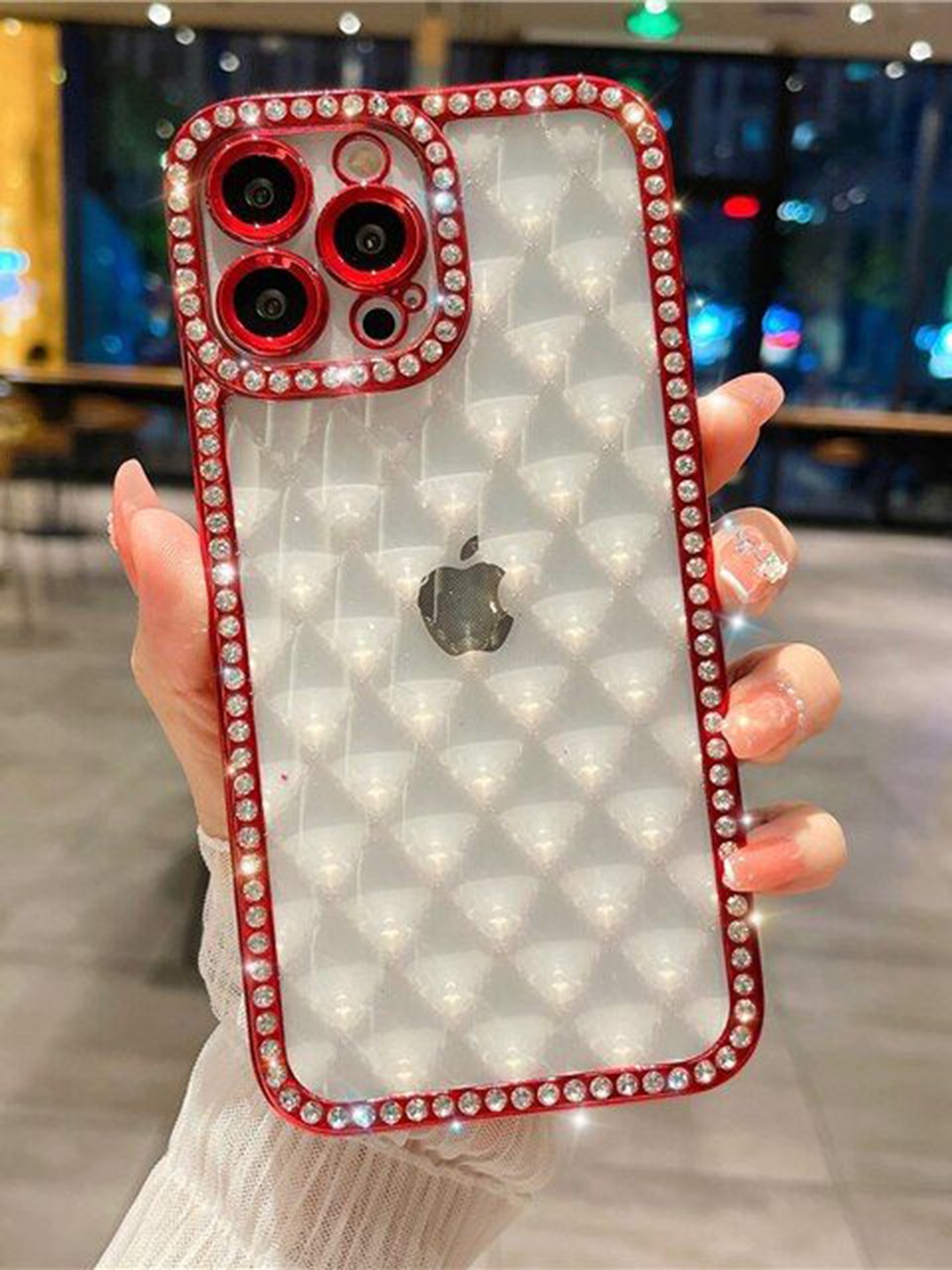 

Luxury Kase Lingge Bling Glitter Bumper Shockproof Soft iPhone 14 Pro Back Case, Red