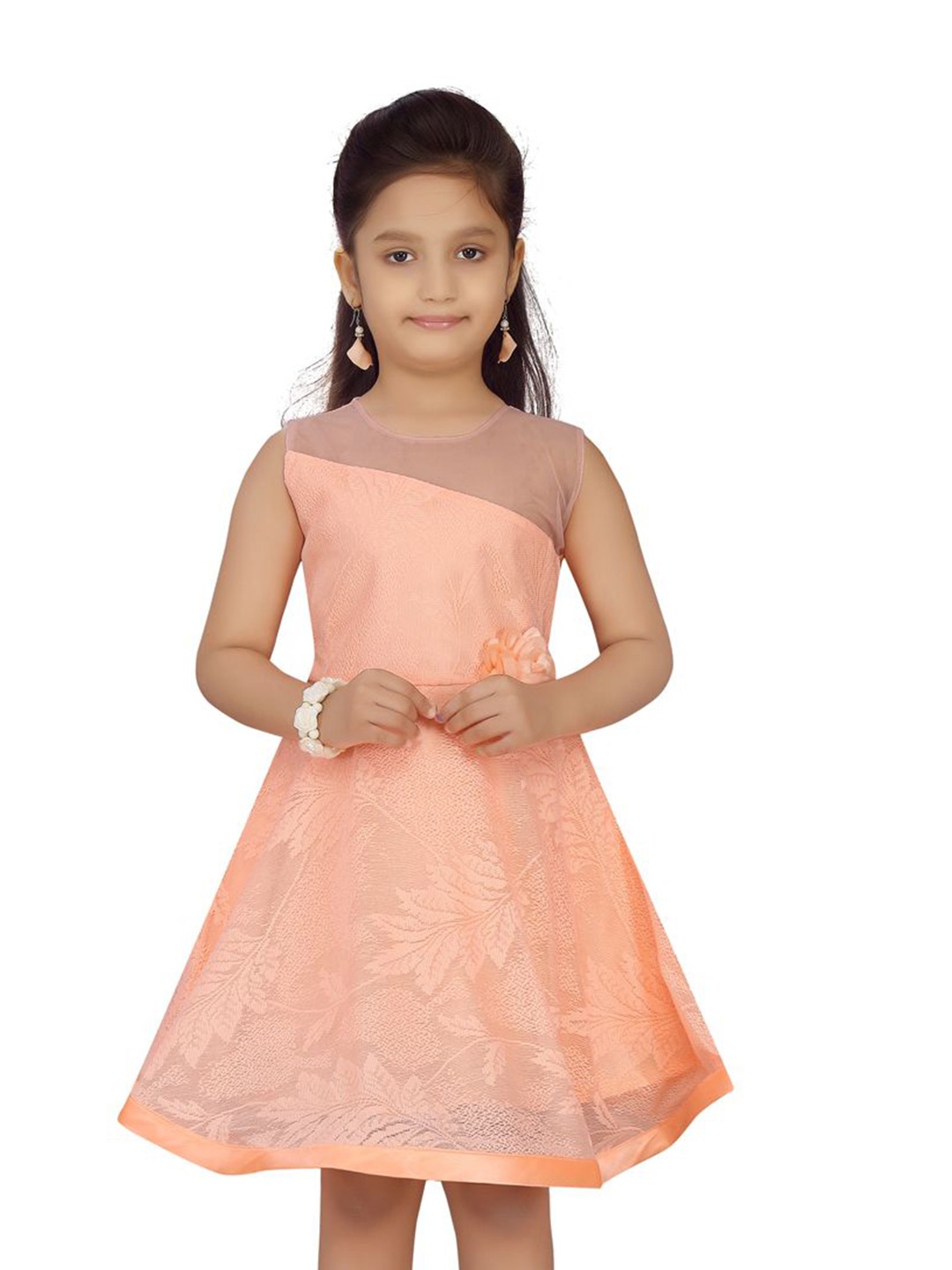 

YK Girls Self Design Fit and Flare Dress, Peach