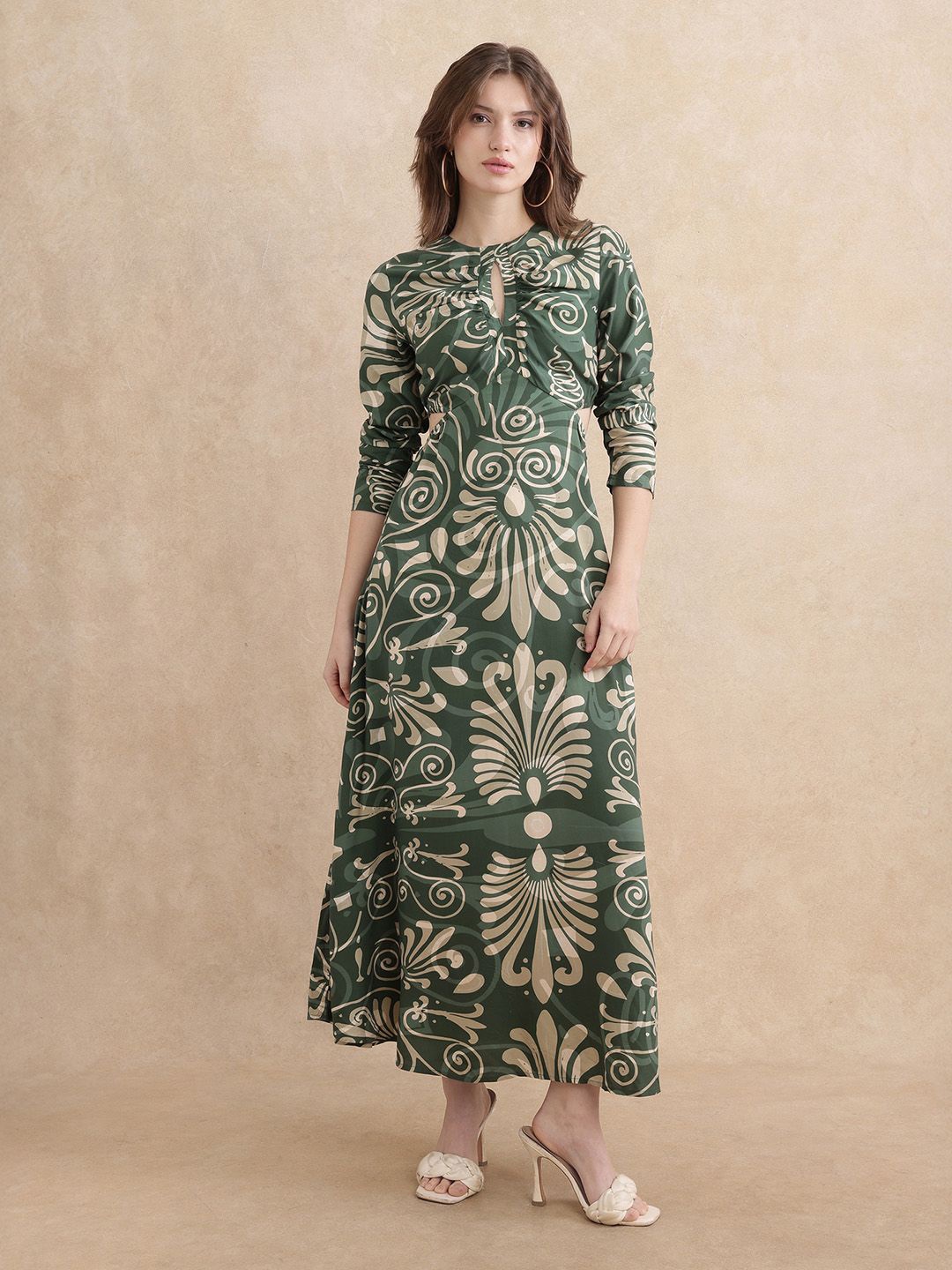 

RAREISM Women Key Hole Neck A-Line Maxi Dress, Green