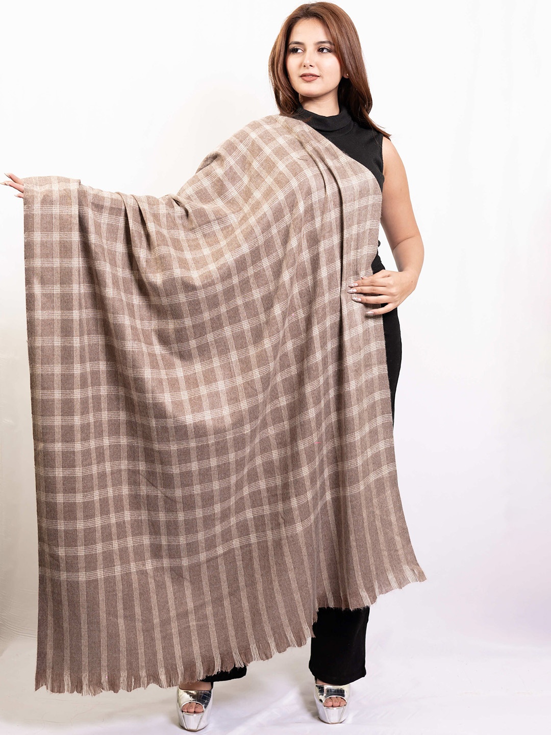 

PASHGIRI Checked Woven Design Pure Woollen Shawl, Brown
