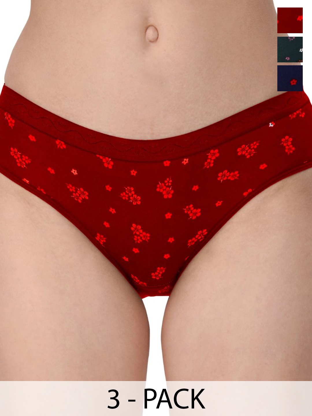 

SHREE GANESH FASHION Pack Of 3 Floral Printed Pure Cotton Bikini Briefs LYCRA BK BL RD 003, Black