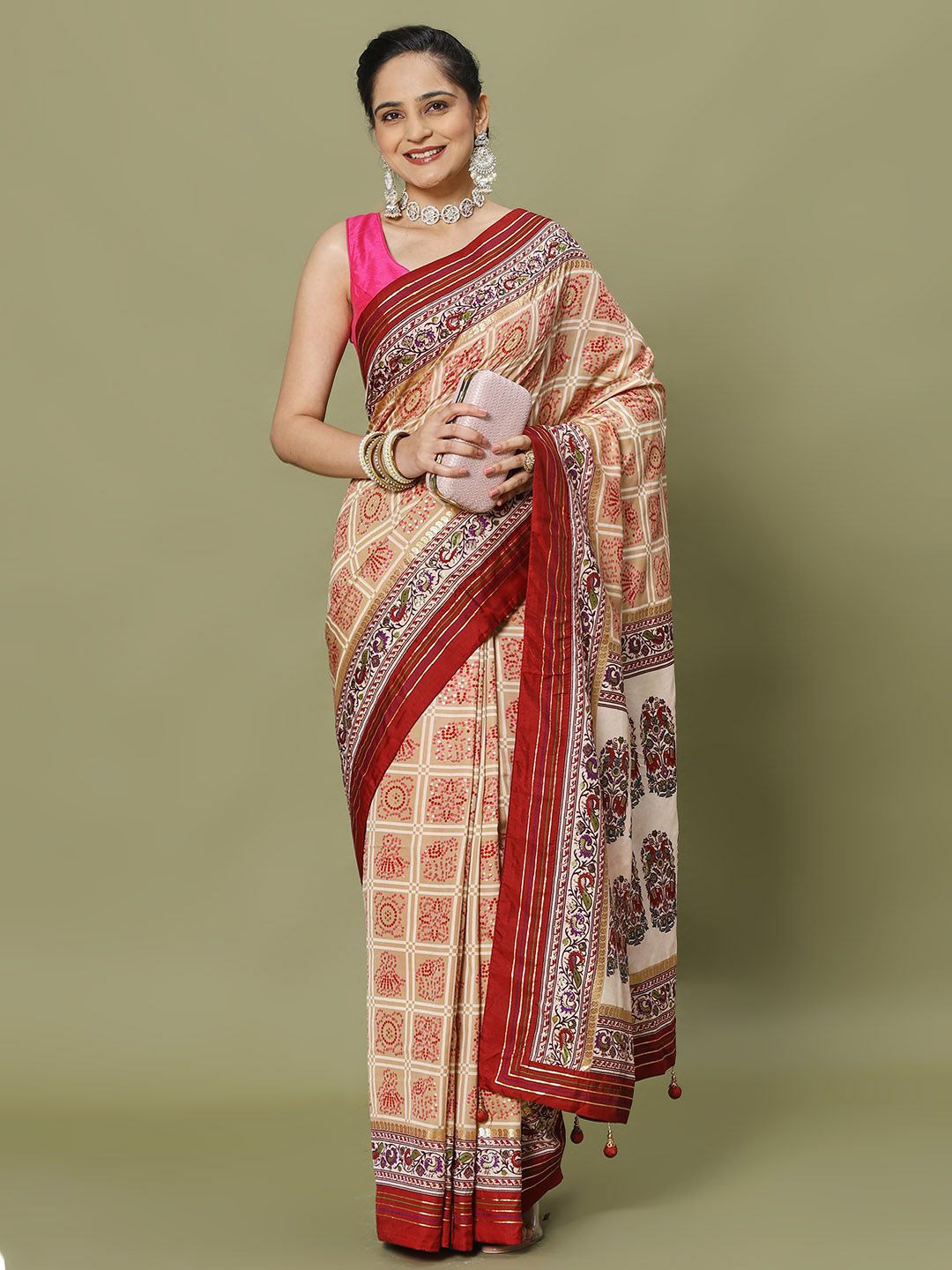 

Meena Bazaar Ethnic Motifs Printed Saree with Blouse Piece, Beige