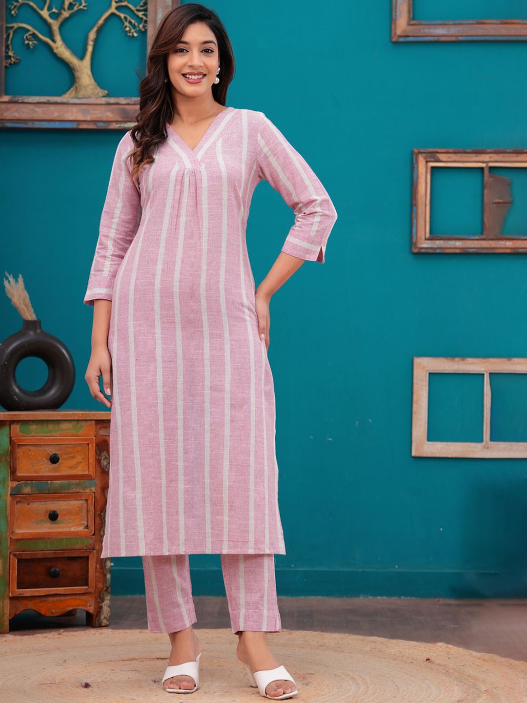 

Sarai Striped V-Neck Pleated Pure Cotton Straight Kurta With Trouser, Pink