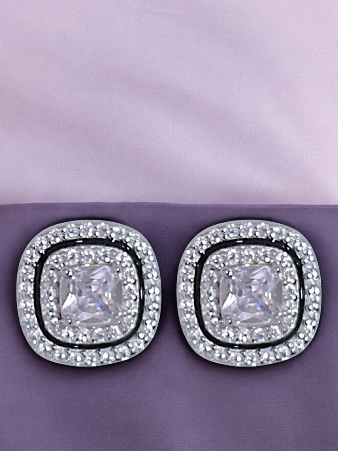 

Taraash 925 Sterling Silver-Plated Cubic Zirconia Studded Square Shaped Studs