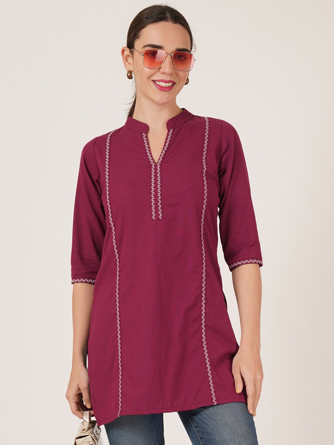 

Brownverse Mandarin Collar Thread Work Pure Cotton Straight Kurti, Maroon