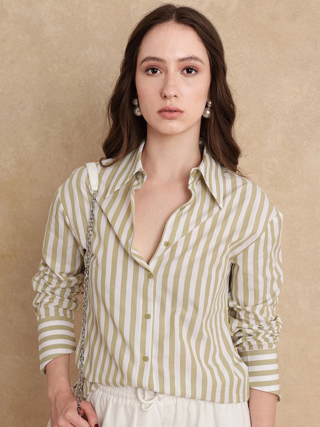 

RAREISM Women Comfort Fit Spread Collar Vertical Striped Cotton Formal Shirt, Beige
