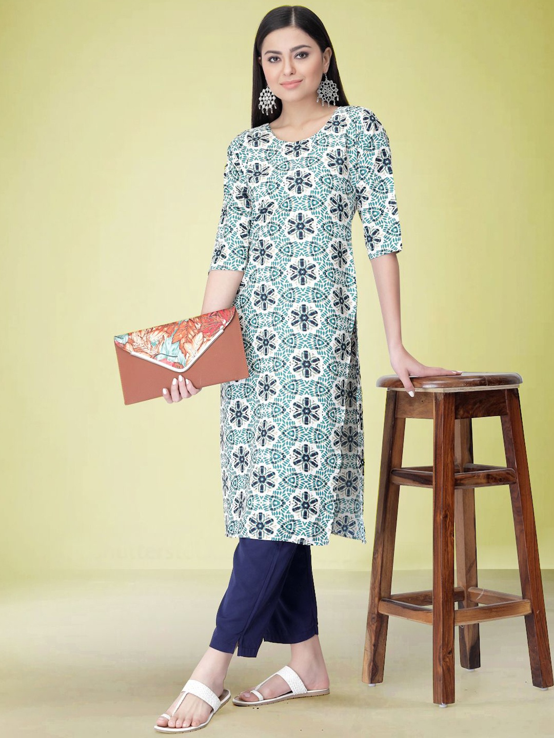 

Moda Rapido Ethnic Motifs Printed Round Neck Straight Kurta with Trouser, Navy blue