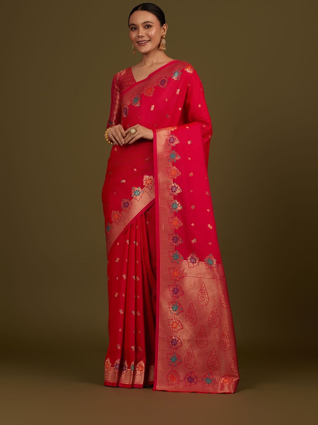 

MONJOLIKA FASHION Ethnic Motifs Zari Banarasi Saree, Pink