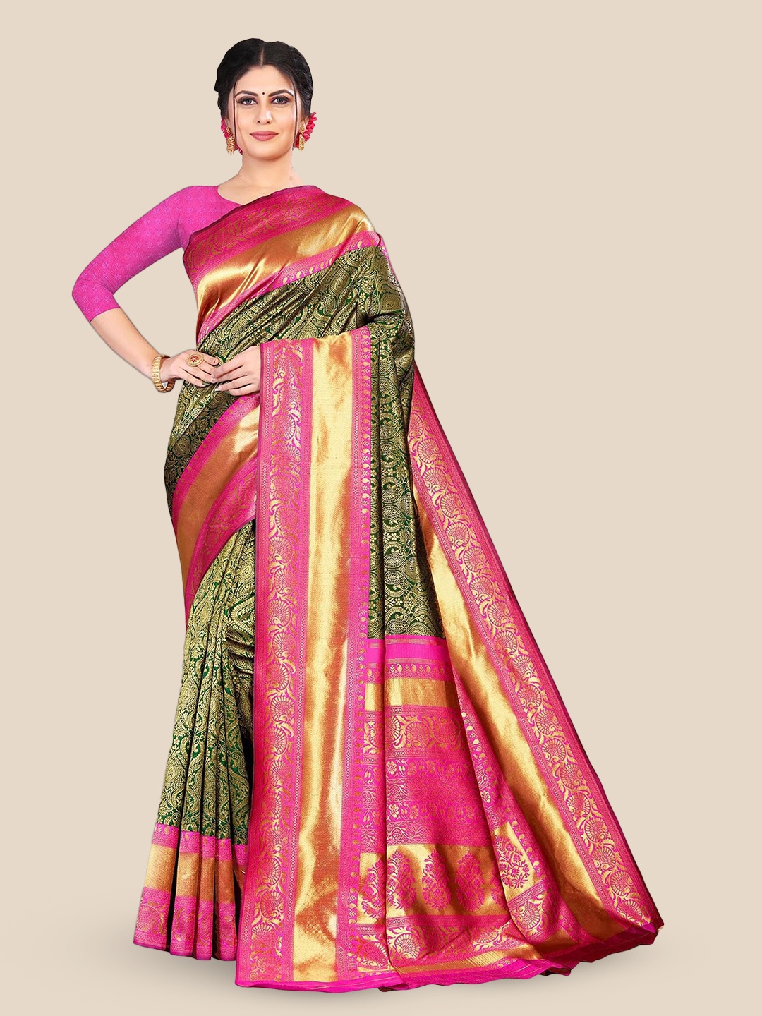 

bigben textile Woven Design Designer Banarasi Saree, Green