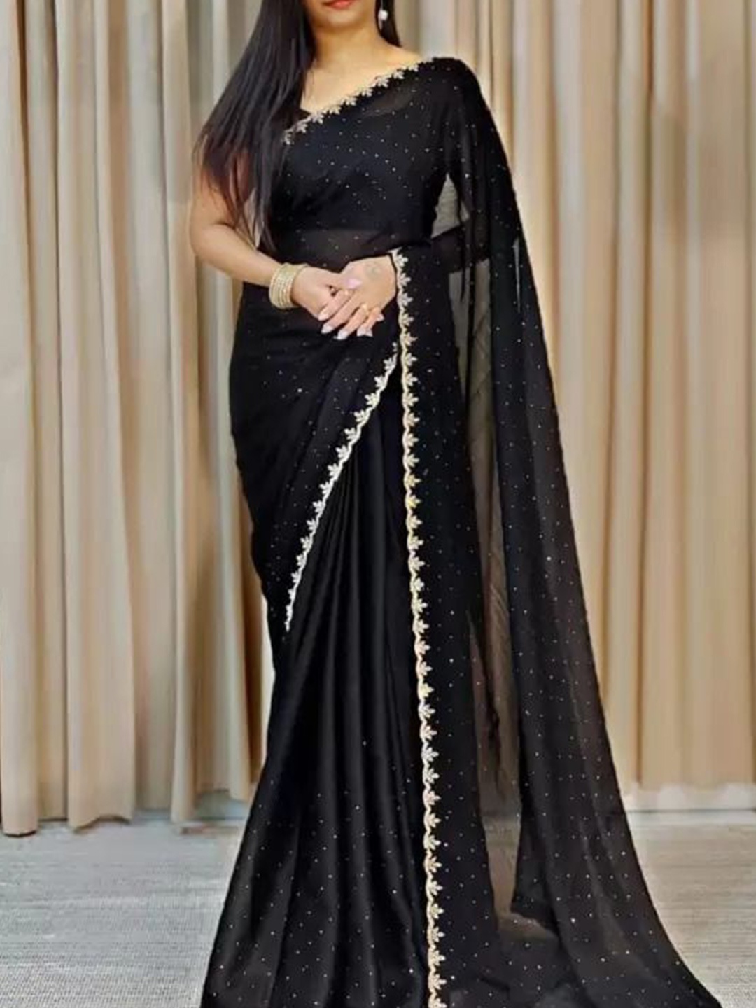 

KALINI Embellished Beads and Stones Pure Georgette Saree, Black