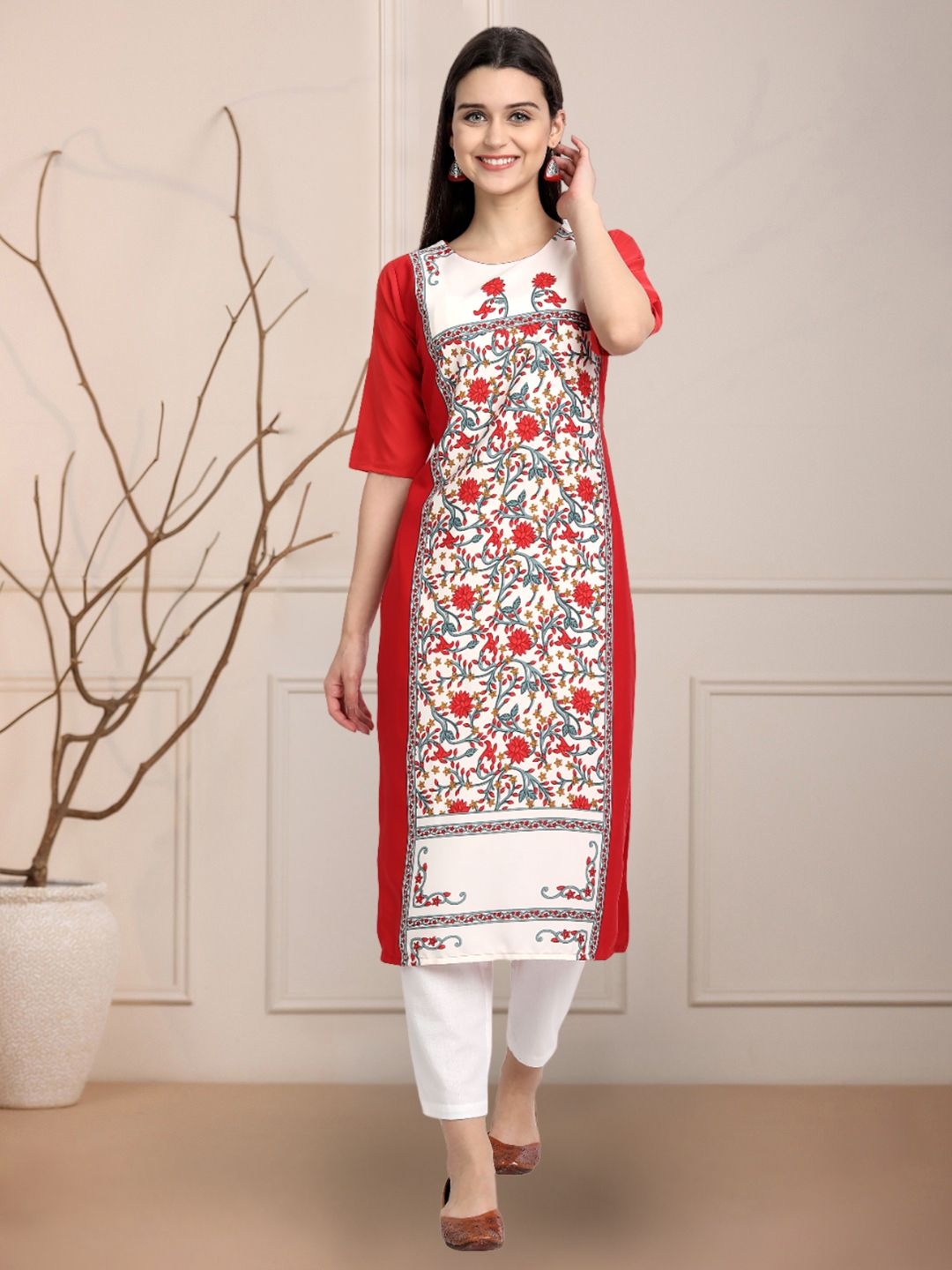 

Moda Rapido Floral Printed Round Neck Straight Kurta, Red