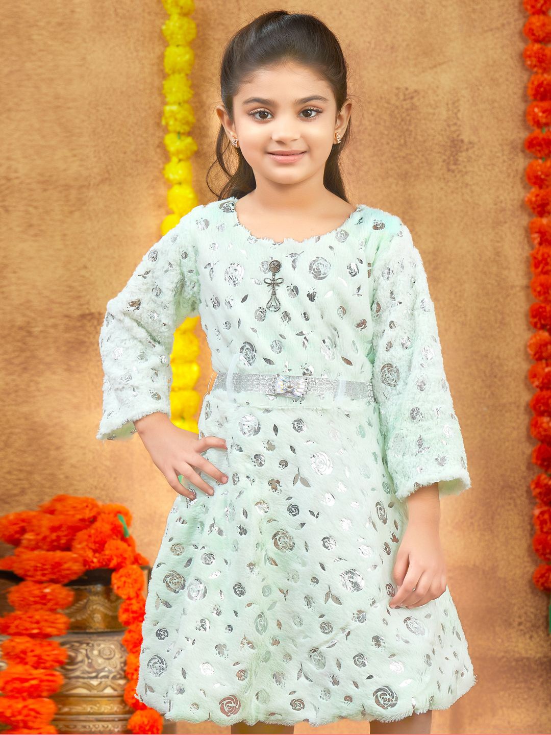

YK Girls Self Design Woollen A-Line Dress, Sea green