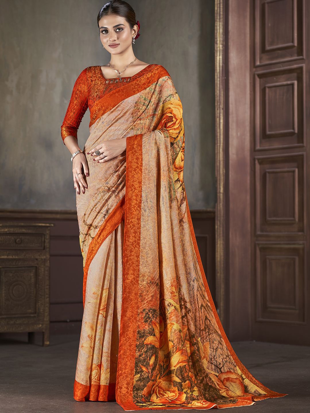 

Krimmple Floral Pure Silk Saree, Orange