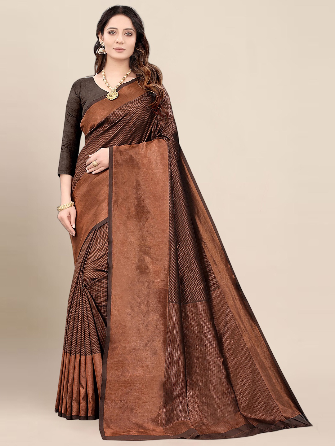 

bigben textile Woven Design Zari Banarasi Saree, Brown