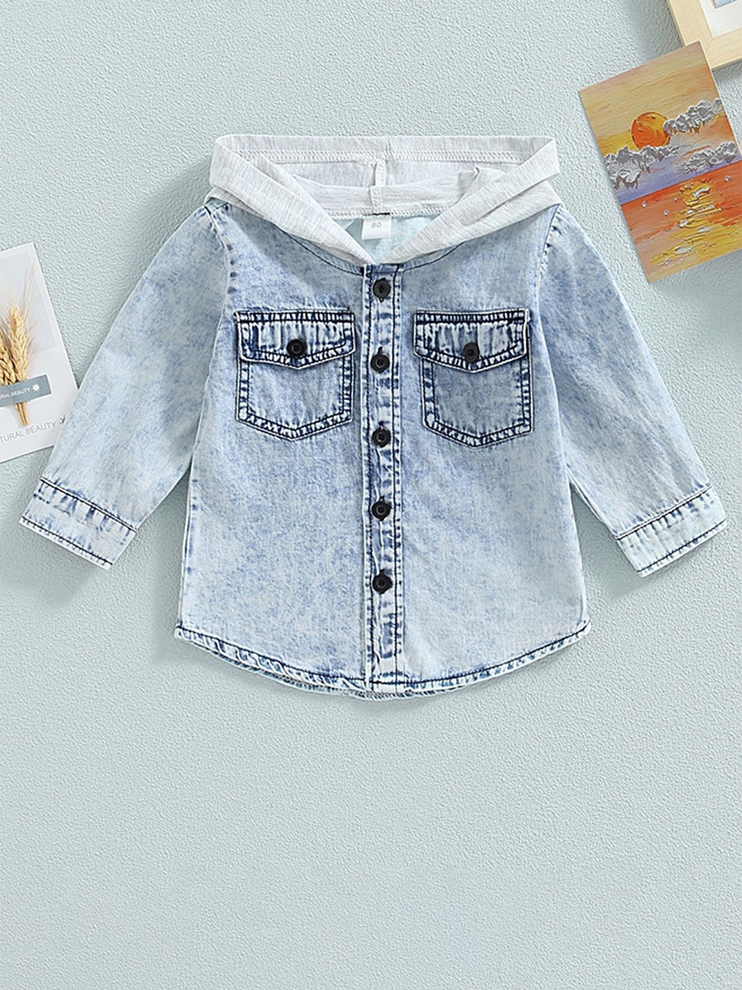 

LULU & SKY Girls Relaxed Fit Hood Faded Casual Shirt, Blue