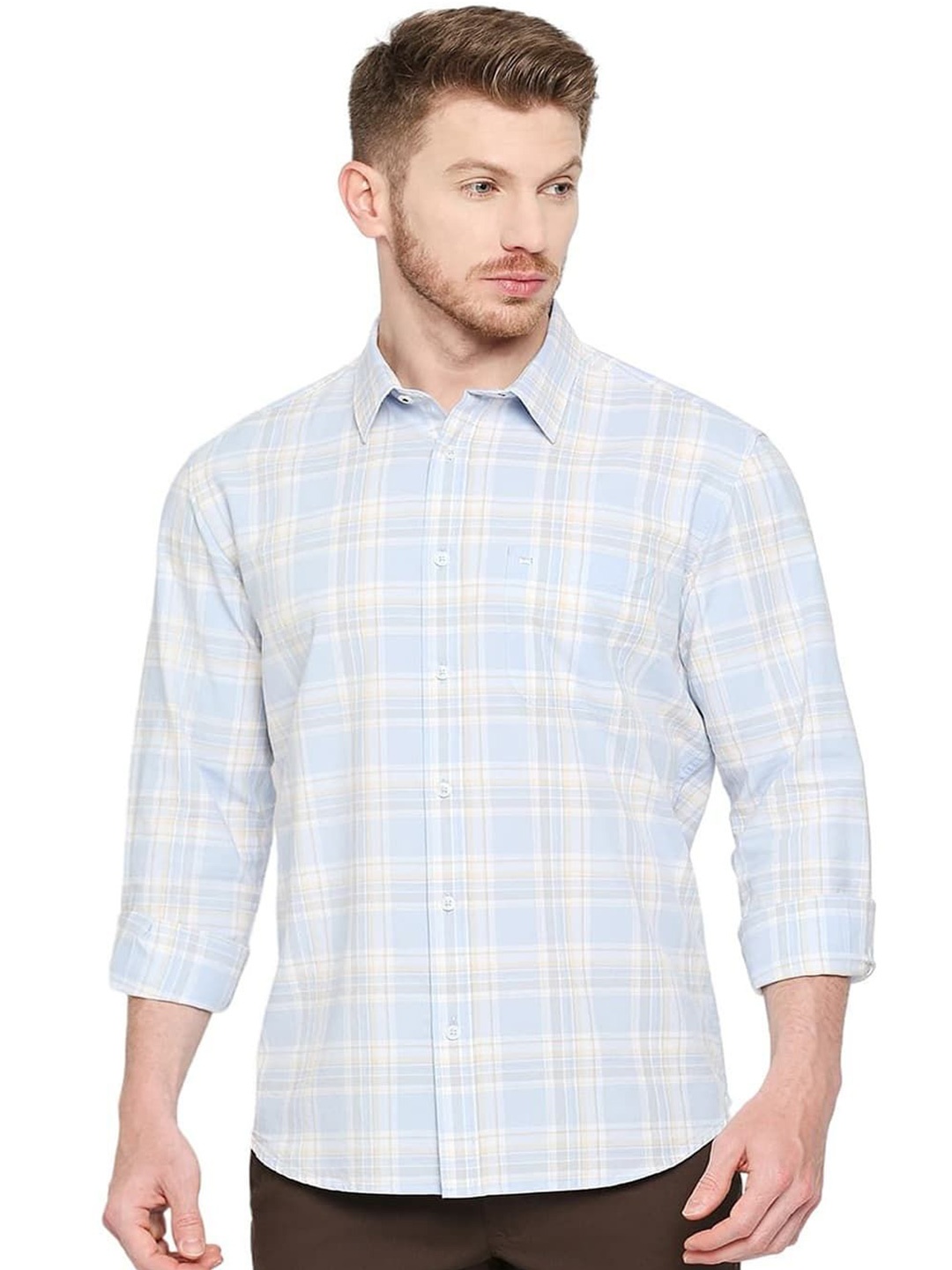 

Basics Men Slim Fit Spread Collar Tartan Checked Cotton Casual Shirt, Blue
