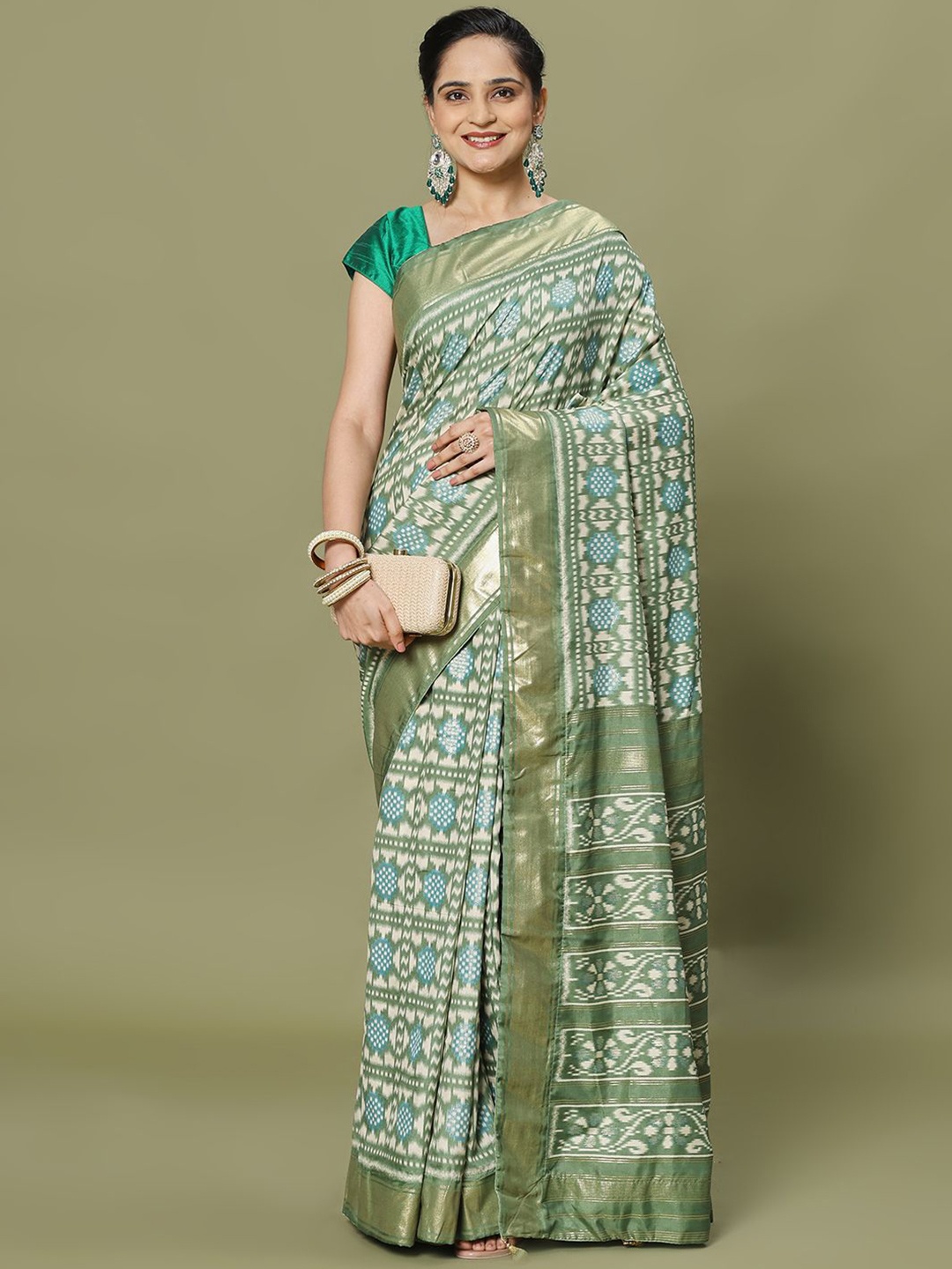 

Meena Bazaar Women Geometric Printed Saree, Green