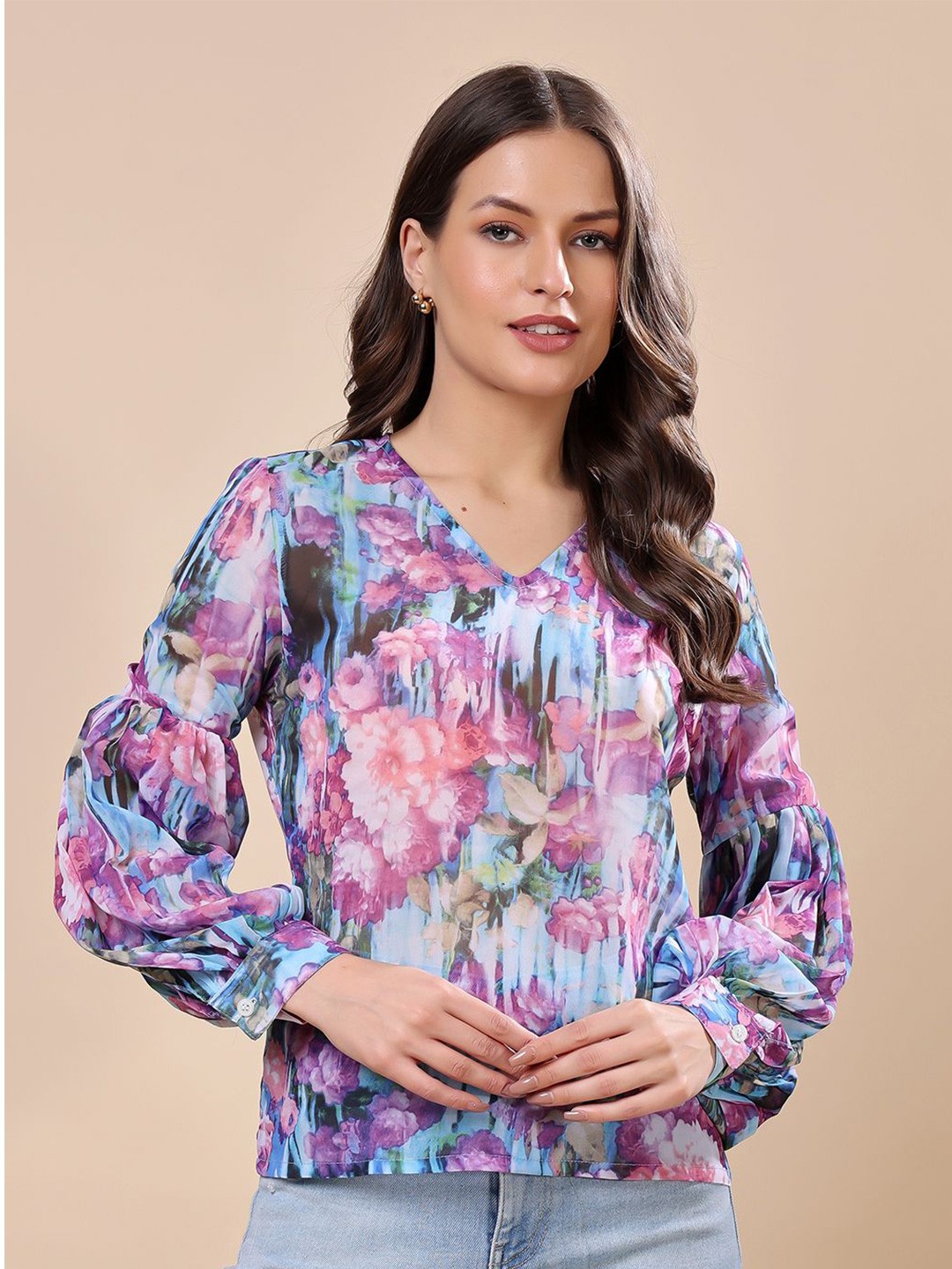 

Cation Floral Print Bishop Sleeves Georgette Tube Top, Purple
