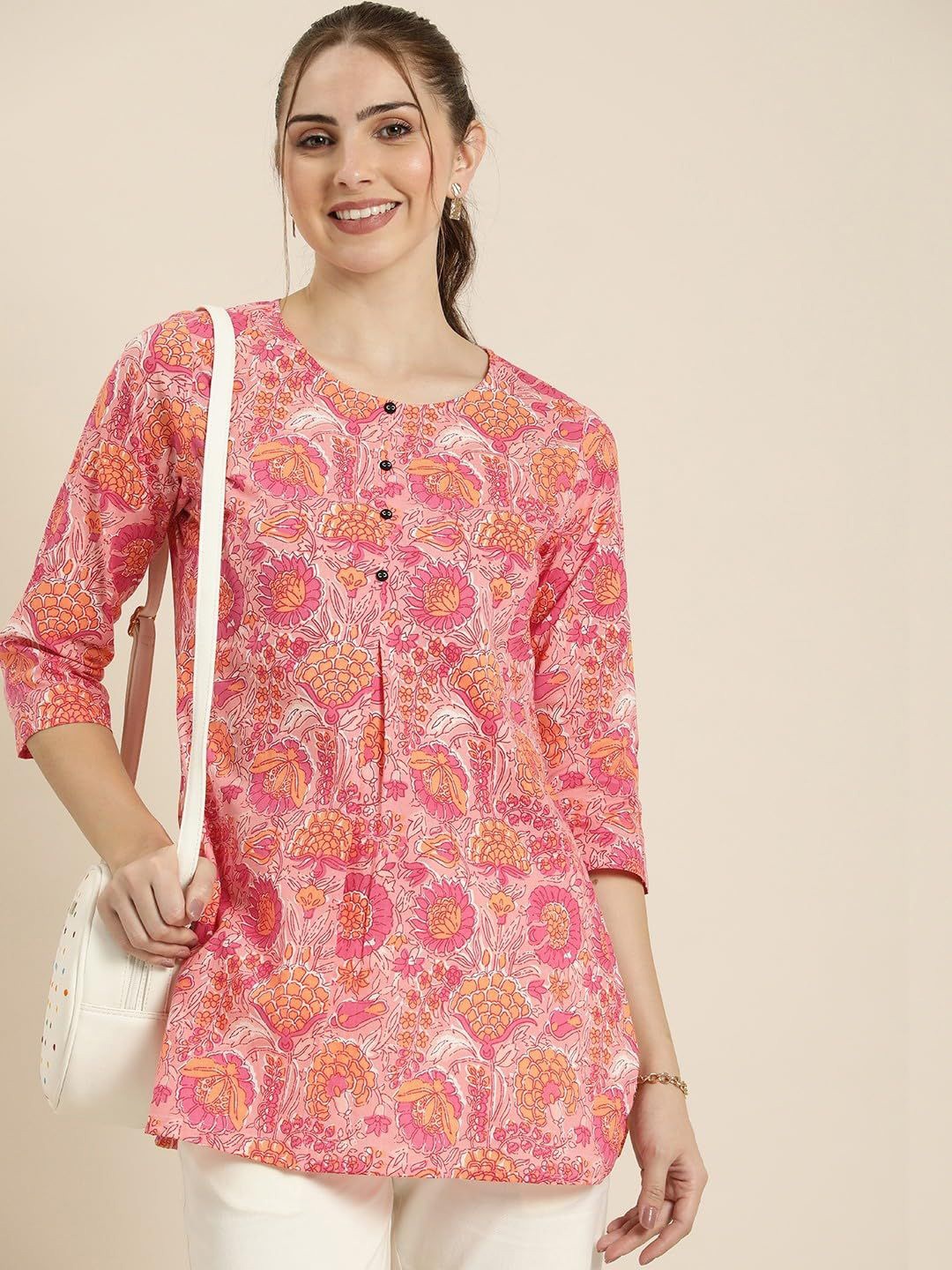

13-Star Women Floral Printed Pure Cotton A-Line Kurtis, Pink
