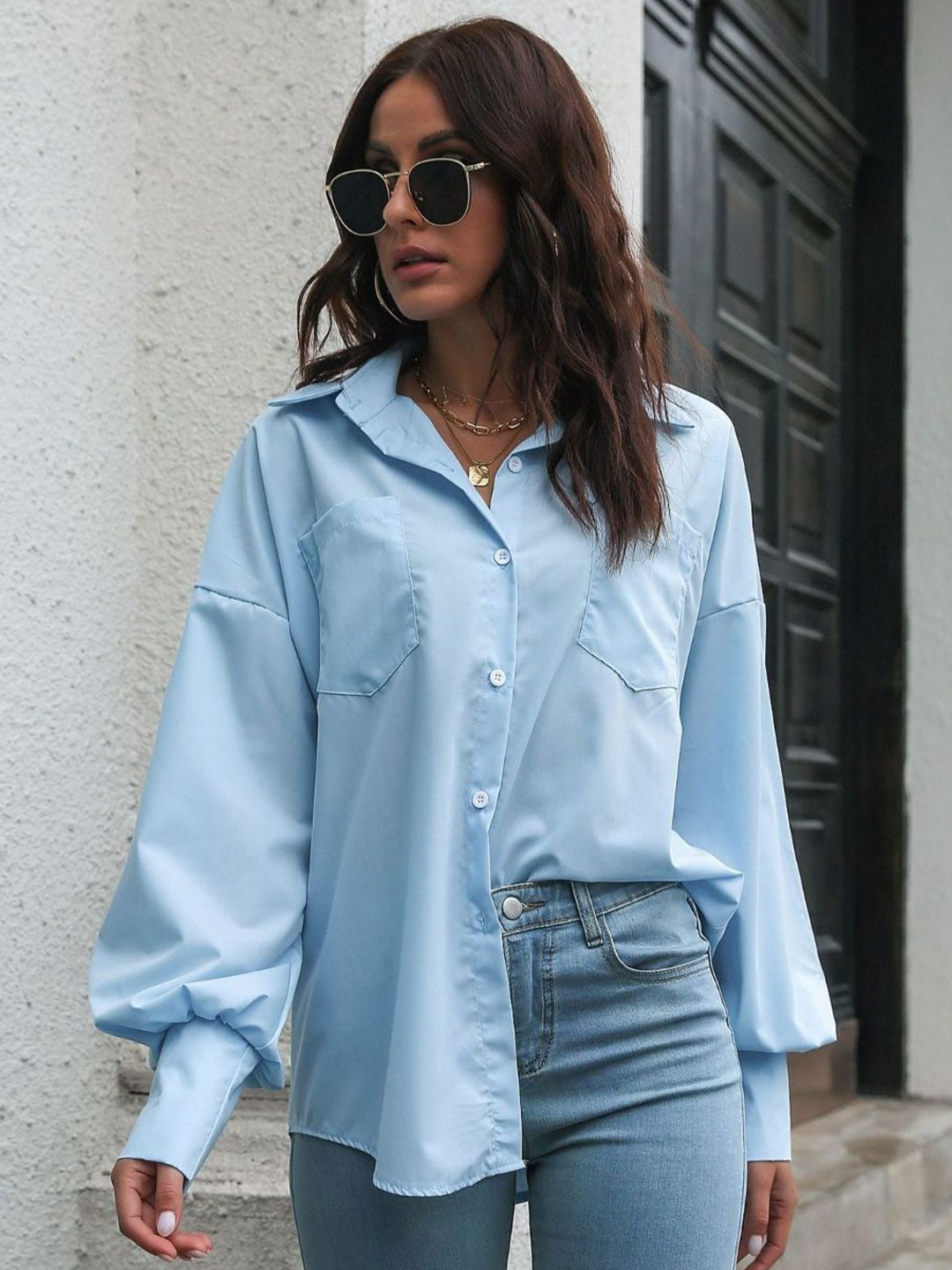 

Oh Rare Women Relaxed Fit Spread Collar Solid Casual Shirt, Blue