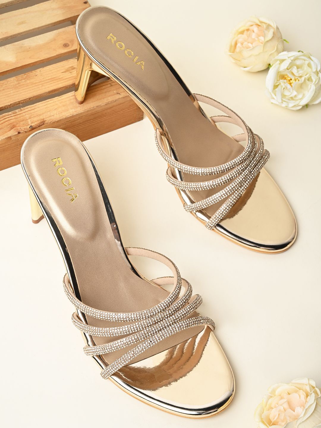 

Rocia Women Embellished Block Heel Sandals, Gold