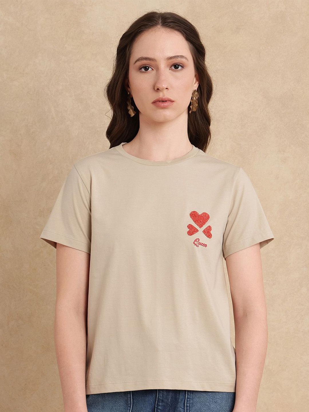 

RAREISM Women SOMPEK PRIMARY Typography Printed Embellished Cotton Casual T-shirt, Beige