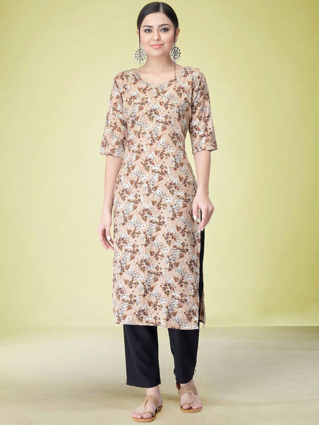 

Moda Rapido Floral Printed Round Neck Straight Kurta with Trouser, Beige