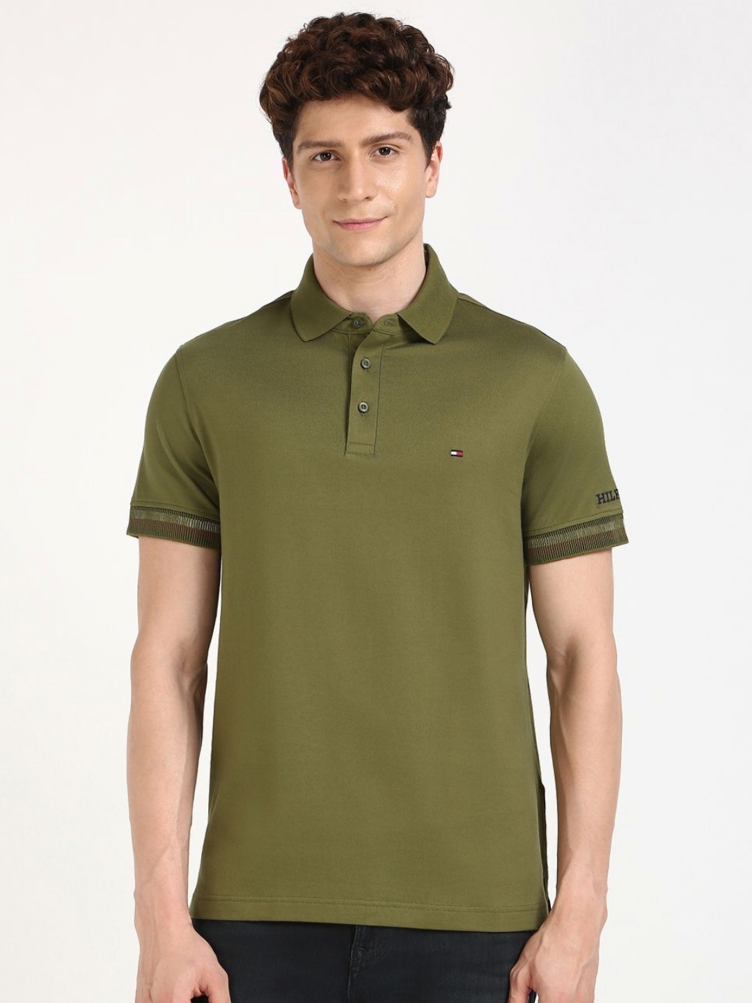 

Tommy Hilfiger Men Solid Polo Collar Cotton T-shirt, Olive