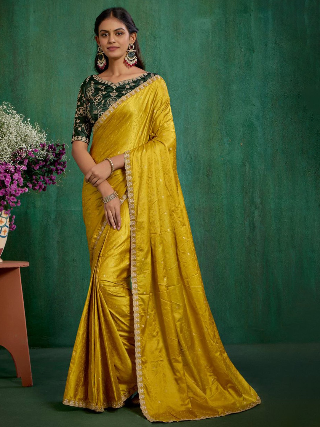 

TIRA Embellished Embroidered Satin Saree, Gold