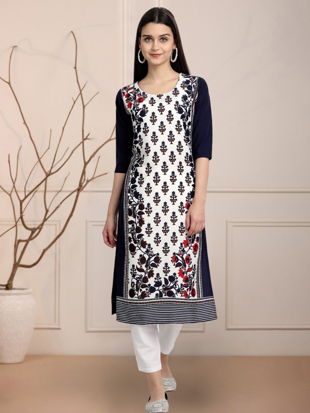 

Moda Rapido Floral Printed Round Neck Straight Kurta, Navy blue