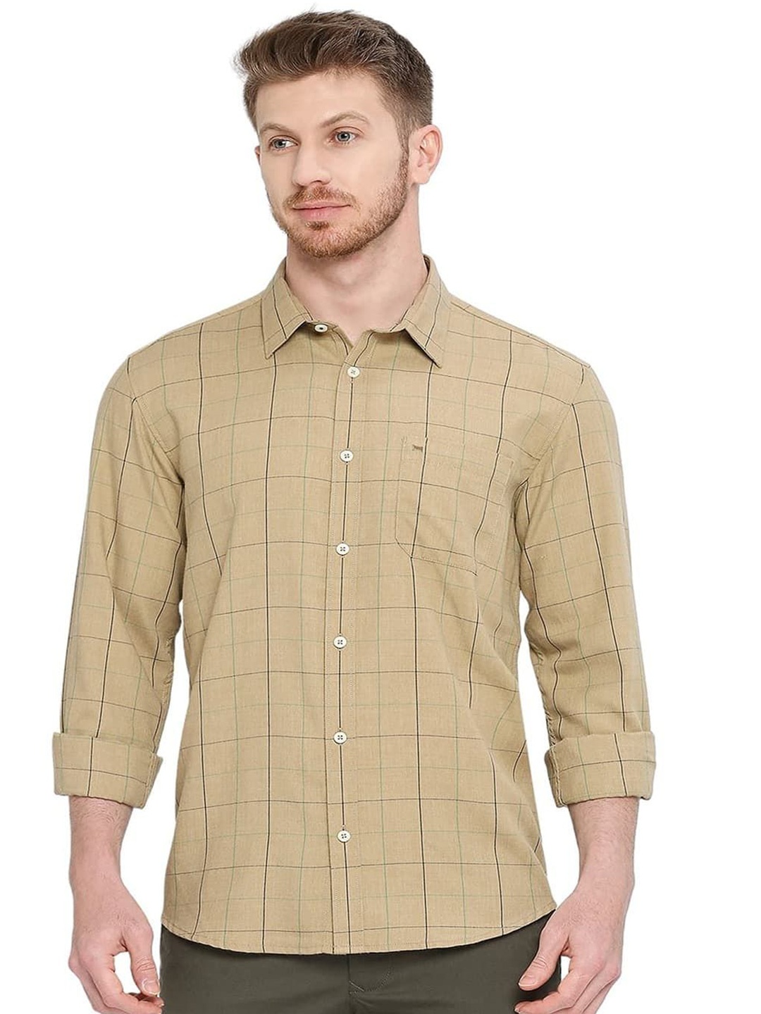 

Basics Men Slim Fit Spread Collar Windowpane Checked Casual Shirt, Beige