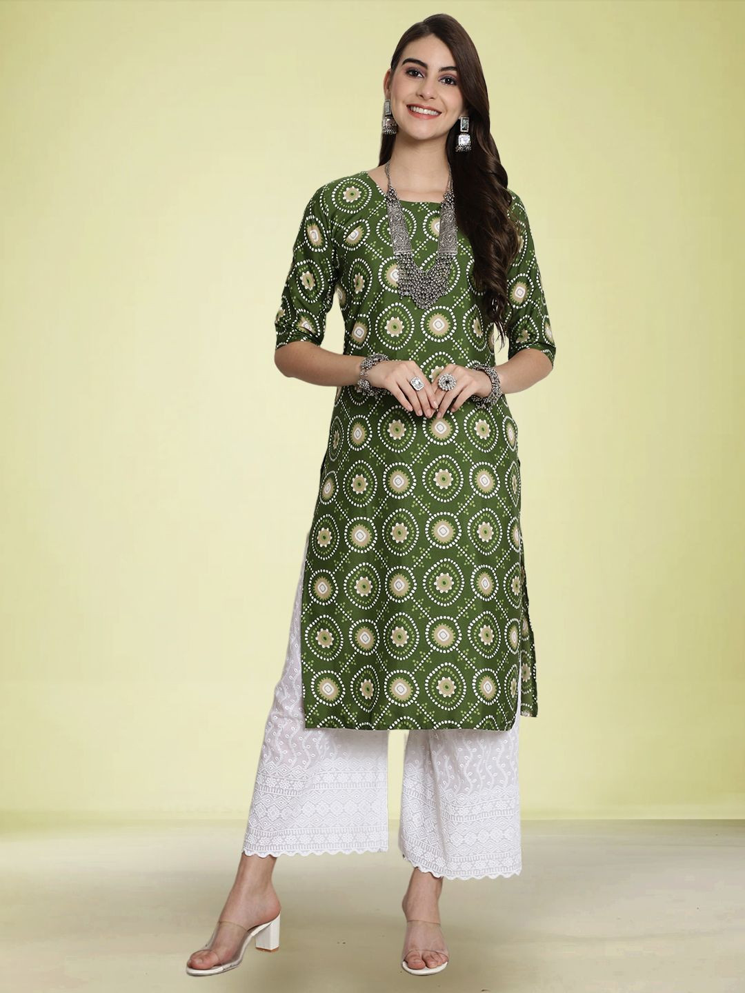 

Moda Rapido Geometric Printed Round Neck Straight Kurta, Olive