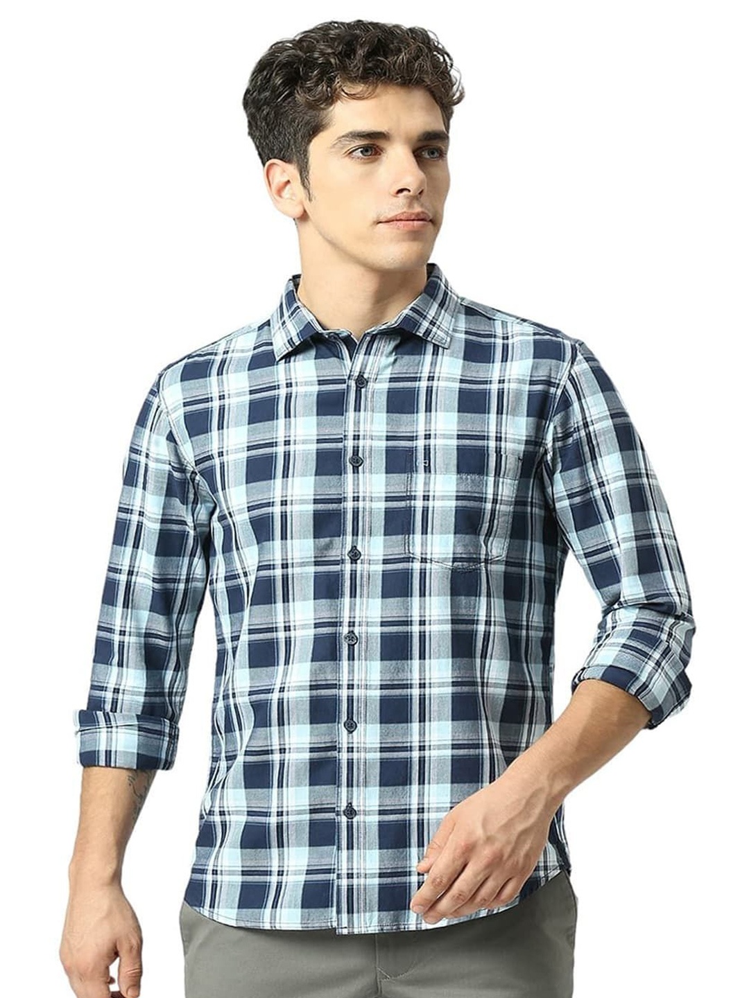 

Basics Men Slim Fit Spread Collar Tartan Checked Cotton Casual Shirt, Blue