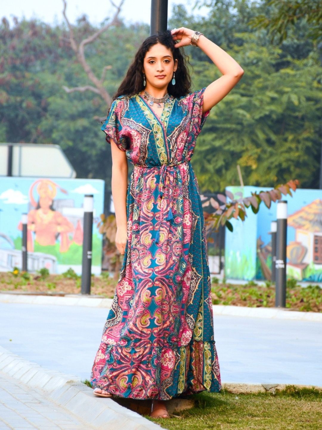 

Boholyfe Bohemian Print A-Line Maxi Dress, Teal