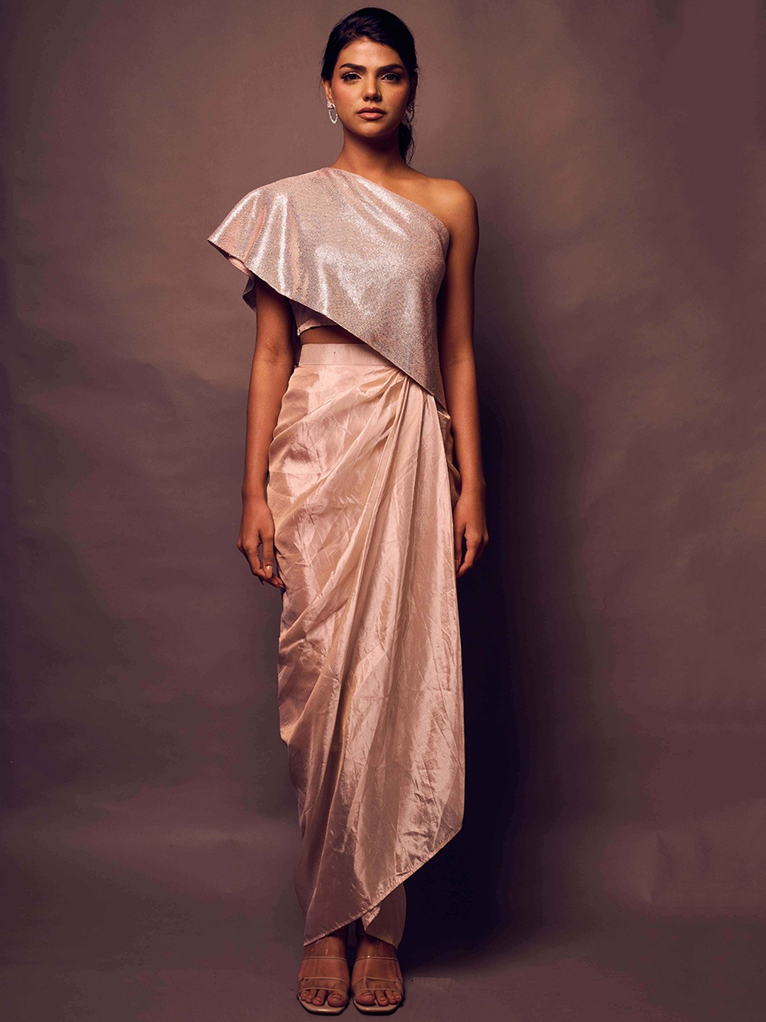 

WEAVING CULT Sequin Sleeveless One Shoulder Top With Maxi Drape Skirt, Rose gold
