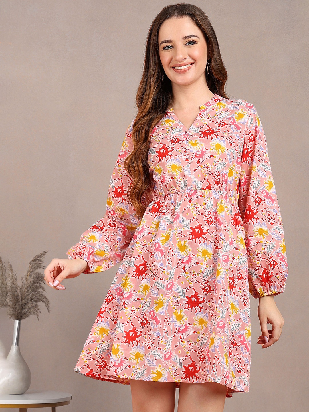 

Label Ceres Women Floral Printed Puff Sleeve Fit & Flare Dress, Peach