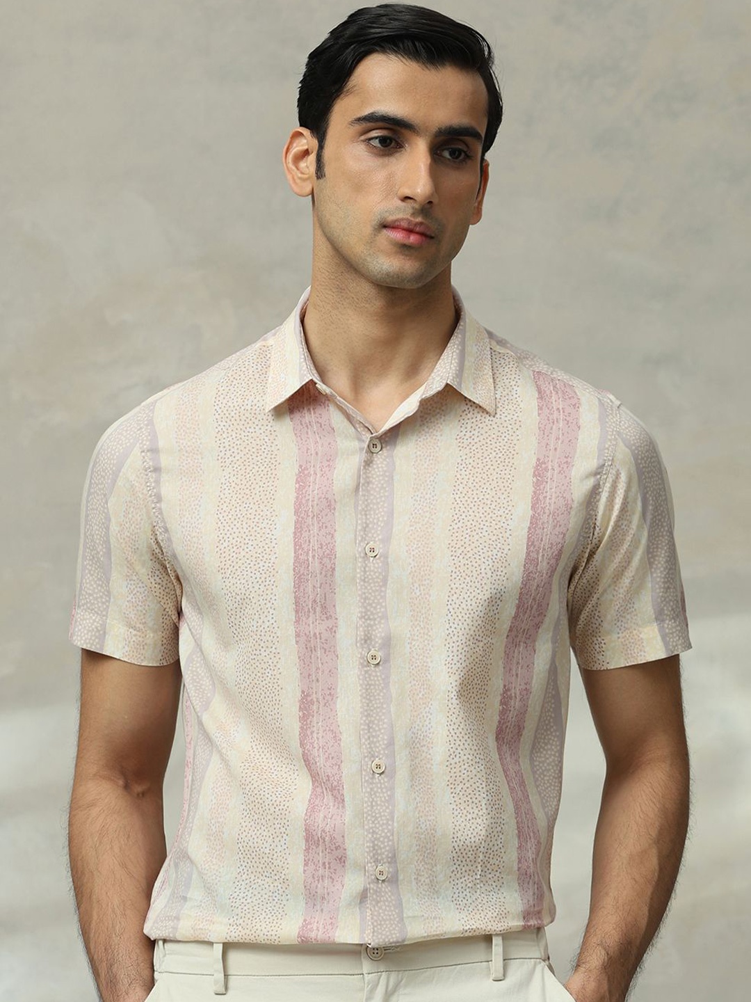

Mufti Men Slim Fit Spread Collar Vertical Striped Cotton Casual Shirt, Pink