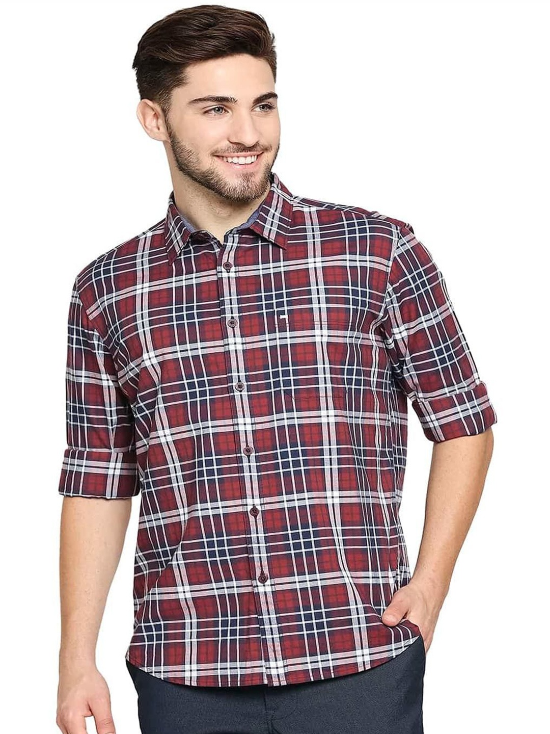 

Basics Men Slim Fit Spread Collar Tartan Checked Cotton Casual Shirt, Maroon